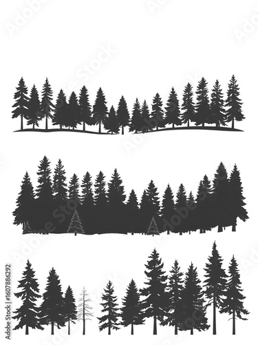 Vintage trees and forest silhouettes set in monochrome style isolated vector illustration, evergreen coniferous forest trees collection.