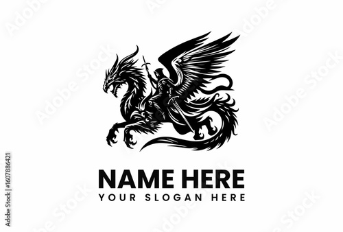 Wallpaper Mural Winged Warrior Riding Dragon with Sword Black and White Emblem. Torontodigital.ca
