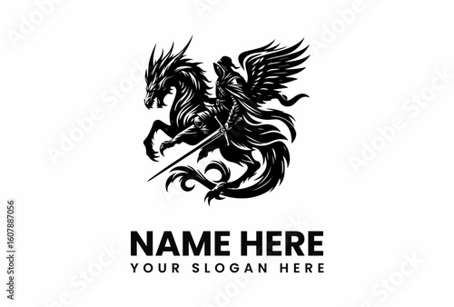 Winged Knight astride a Dragon wielding sword in silhouette.