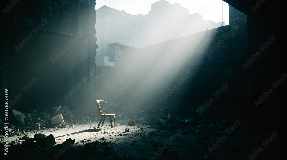 Fototapeta premium An empty wooden chair sits alone in the dusty ruins of a dark, abandoned building, powerfully illuminated by a single, dramatic beam of light.