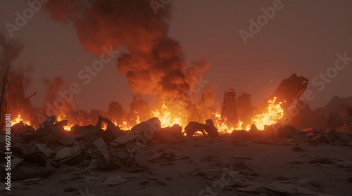 A terrifying urban landscape engulfed by massive fires, portraying the devastating concept of a catastrophic event and the complete obliteration of structures and life.
