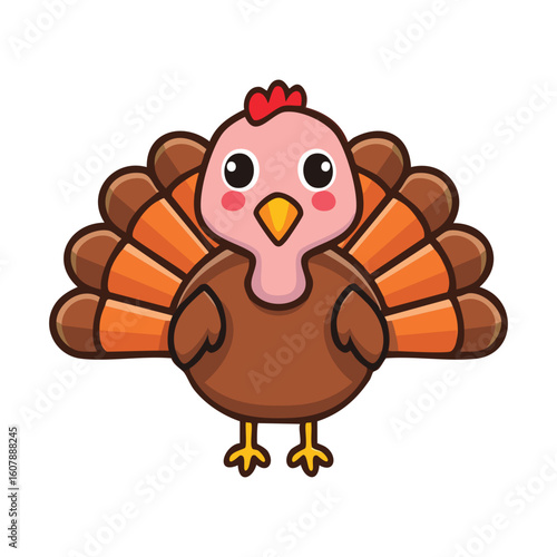 A cartoon turkey stands proudly, with colorful feathers and a cheerful expression. Its form is a symbol of the autumn festival