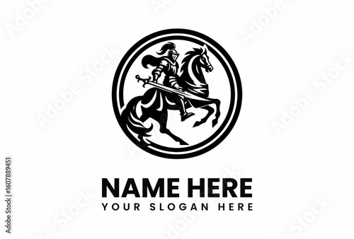 Black and white emblem of a knight in armor riding a horse with a sword.