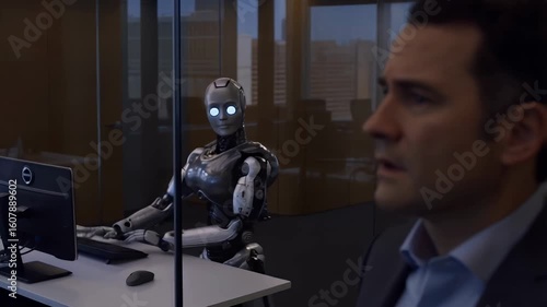 Anxious manager watches an AI robot working, fearing job replacement and automation