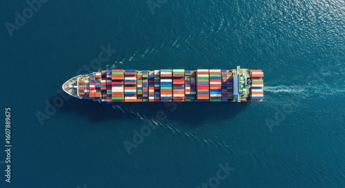 3d aerial view of a container ship sailing on the ocean
