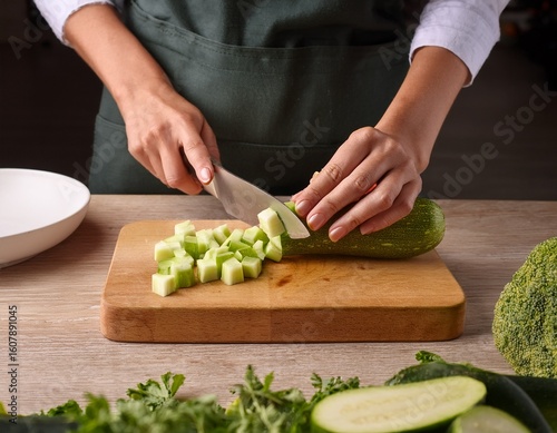 chef chopping fresh zucchini into small cubes for healthy meal preparation
