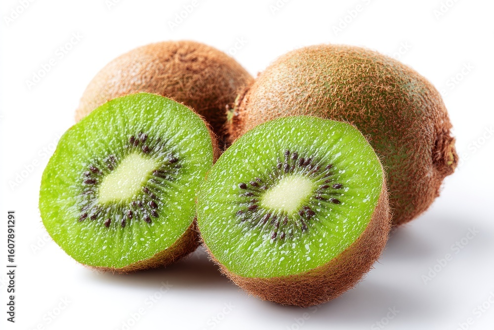 Obraz premium Fresh kiwi fruit, whole and sliced, on white background