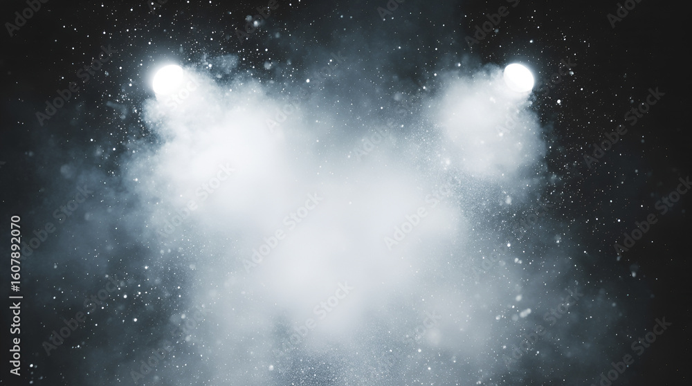 Naklejka premium Mysterious dark background featuring an empty performance space with two bright spotlights piercing through a dense cloud of fog and dust particles