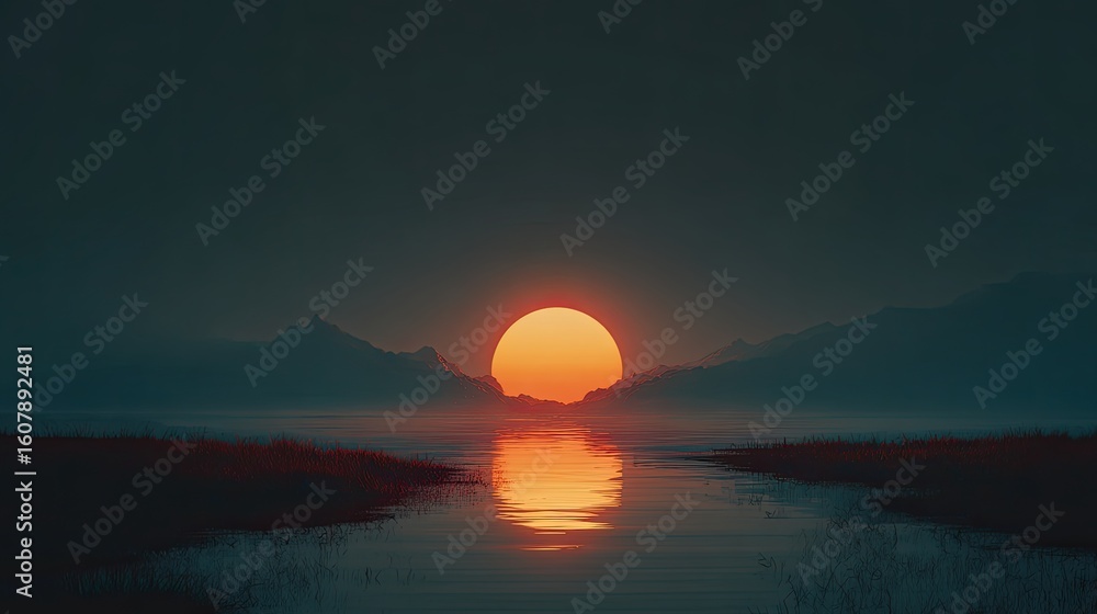 Naklejka premium Fiery sunset over misty mountain lake; serene landscape for calming desktop wallpaper