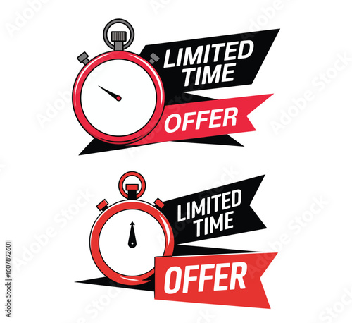 Limited Time Offer Stopwatch Labels Set - Red Black Timer Ribbon Banners Vector Collection