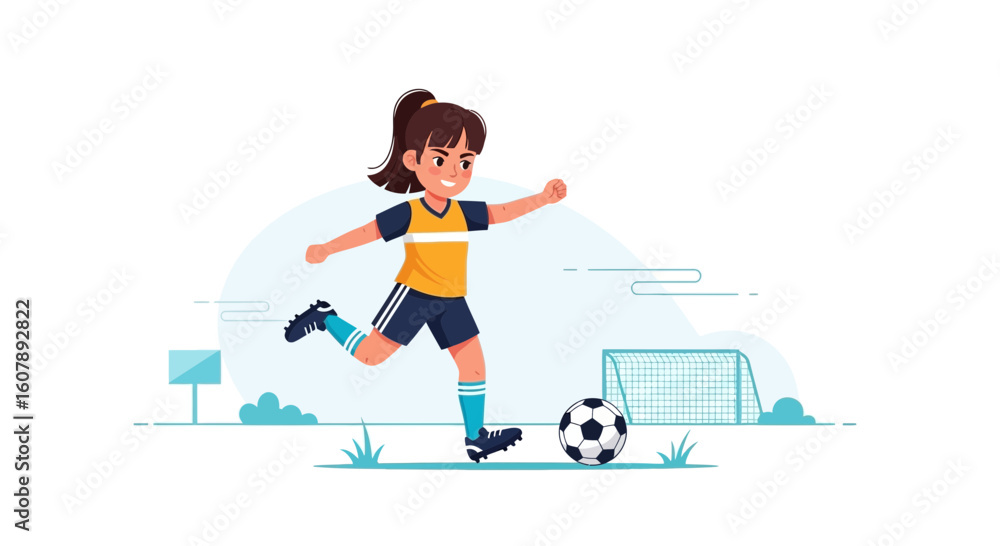 Fototapeta premium Young Athlete Girl Kicking The Soccer Ball Towards The Goal In The Field