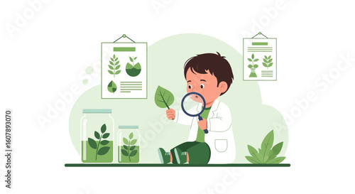 Young Botanist Examining Leaf With Magnifying Glass In Science Project