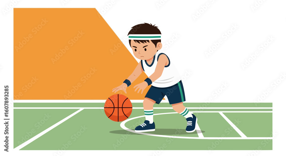 Fototapeta premium Young Boy Dribbling Basketball on Court Practicing His Moves And Ready To Score