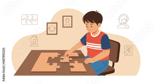 Young Boy Concentrating on Completing a Jigsaw Puzzle At His Table