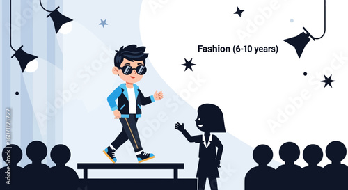 Young Boy Confidently Struts on a Fashion Show Runway with Style