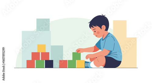 Young Boy Engaged In Constructive Playtime With Building Blocks Illustration