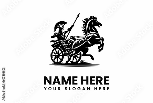 Black Silhouette of a HorseDrawn Chariot with a SpearWielding Warrior.
