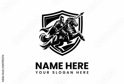 Bold monochrome emblem of a knight on rearing horse with spear and shield.
