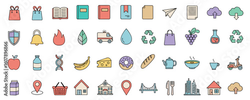 Concept of icon set featuring various everyday items and symbols  