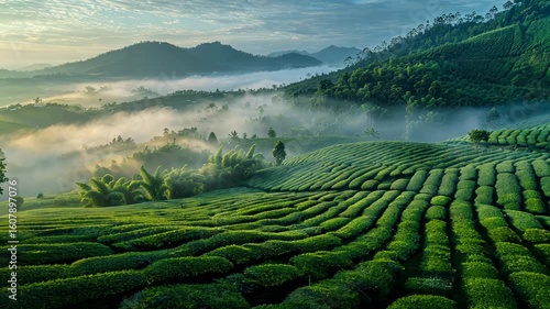 Misty Morning in Tea Plantation: A Serene Landscape