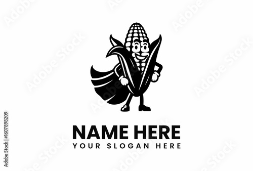 Cartoon Corn Character with Cape Smiling Standing with Hands on Hips.