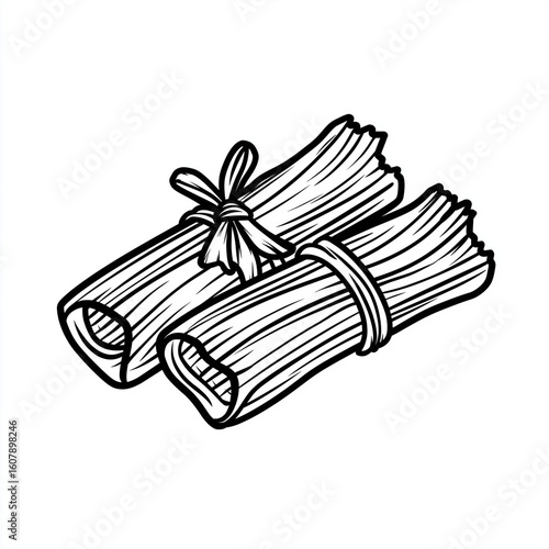 A simple SVG vector black and white illustration of two tamales wrapped in shredded corn husks with a ribbon on the top, line art, icon design, clipart isolated on a solid background