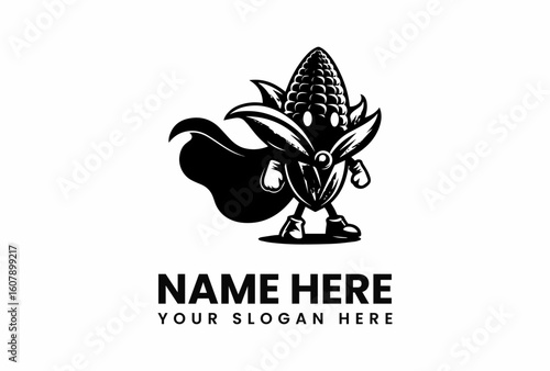 Cartoon Corn Superhero with Cape and Boots Black and White Mascot.