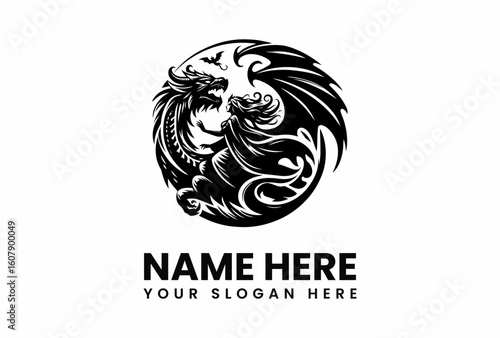 Dragon and Enchantress Silhouette in Circular Emblem with Bat Detail.