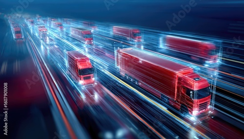 Fast-moving red trucks on a highway at night
