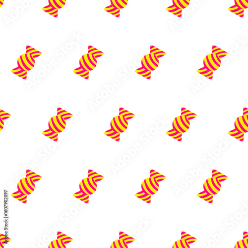 Hand drawn Candy seamless pattern. Bright yellow, red candy stripes create festive feel. Fun Candy repeat design great for holiday decor, wrappers and Valentine ideas. Celebrate holidays with caramel
