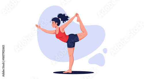 Vector art of a woman gracefully performs the natarajasana yoga pose, showcasing balance and flexibility on a mat