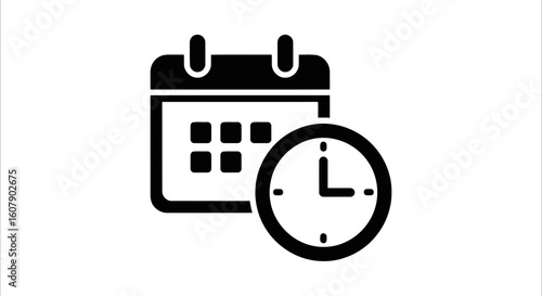 Vector art of a black icon representing a calendar with a clock, symbolizing time management and scheduling