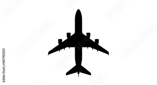 Vector art of a black silhouette of a modern passenger airplane viewed from directly above, isolated on a plain white background