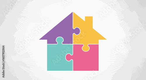 Vector art of a colorful house puzzle made of four interlocking pieces, symbolizing homeownership and teamwork