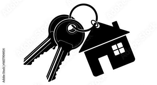 Vector art of a set of black house keys on a keyring, symbolizing home ownership and real estate