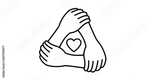 Vector art of three hands interlocking in a triangular formation, embracing a central heart symbol, representing unity and love
