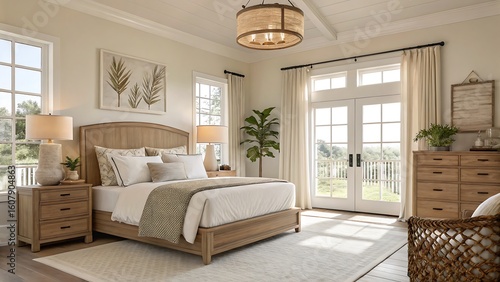 A bright bedroom with wooden furniture, white bedding, and a view of a lush green landscape
