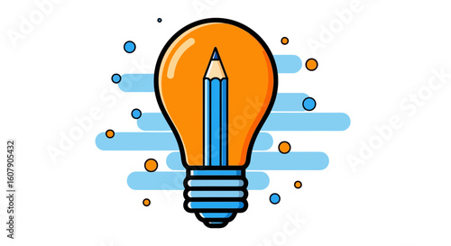Vector art of a bright orange lightbulb with a blue pencil inside, symbolizing a new idea or creative inspiration, surrounded by abstract blue lines and colorful dots