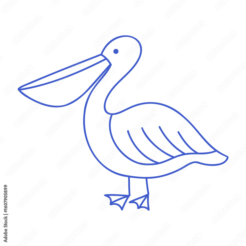 Obraz premium Pelican bird in marine blue line art style. Vector editable stroke outline. Minimalist icon illustration.