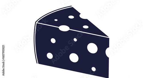 Vector art of a dark blue wedge of swiss cheese with holes, isolated on a white background, representing a delicious dairy food