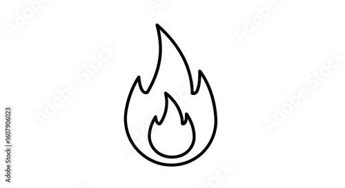 Vector art of a simple black outline of a flame on a white background, representing fire and heat
