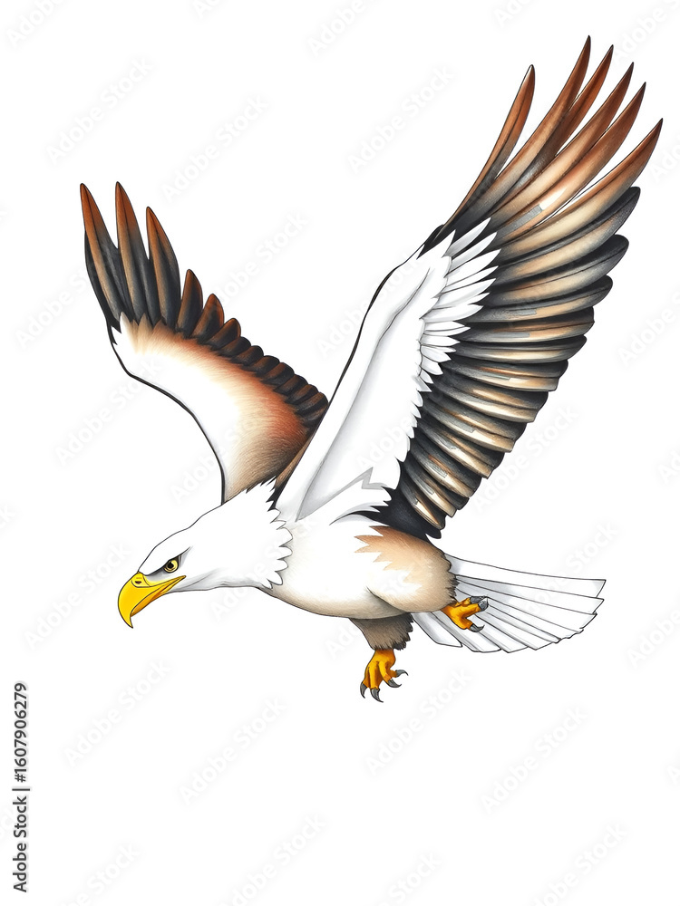 Obraz premium Bald eagle flying swoop hand draw and paint color on white background