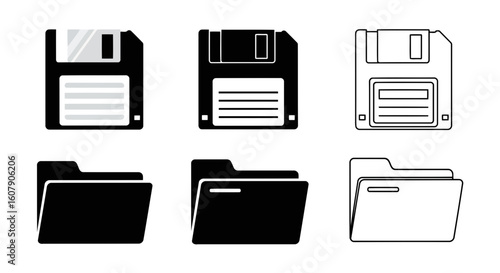 Vector art of a collection of vintage floppy disk and folder icons, representing data storage and file management in technology
