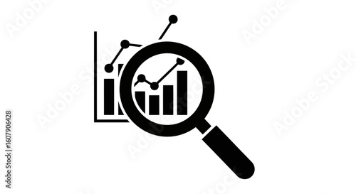 Vector art of a magnifying glass is used to examine a bar chart with a line graph showing upward trends and data points