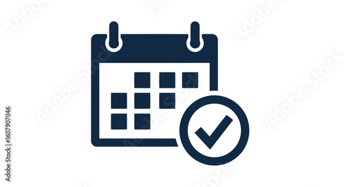 Vector art of a dark blue calendar icon with a checkmark in a circle, symbolizing a scheduled event or task that has been completed and confirmed