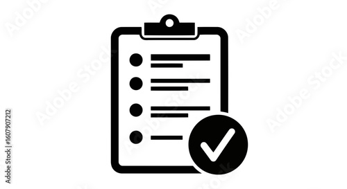 Vector art of a black and white icon of a clipboard with a checklist and a checkmark symbol indicating completion