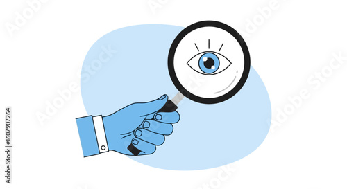 Vector art of a gloved hand holds a magnifying glass over an eye, symbolizing search, analysis, and detailed observation