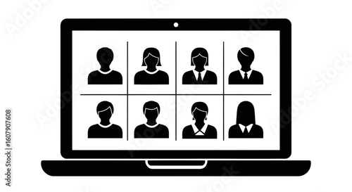 Vector art of a laptop screen displays a video conference with eight participants in a grid layout, symbolizing remote work and online communication