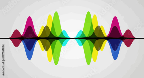 Vector art of a vibrant abstract sound wave graphic displays a colorful spectrum of audio frequencies in a symmetrical pattern against a subtle grey background