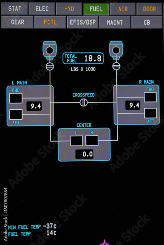 Fuel maintenance page on a 787 computer display. Showing the fuel shut off valves closed.